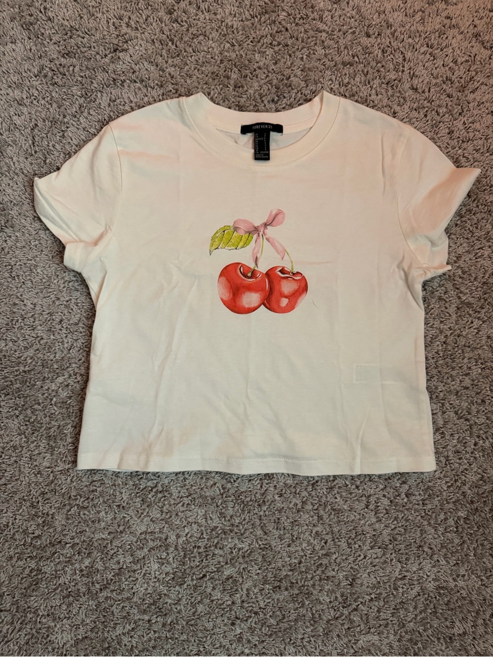 Forever 21 White Tee with Red Cherry Graphic and Pink Bow - Picture 2 of 5